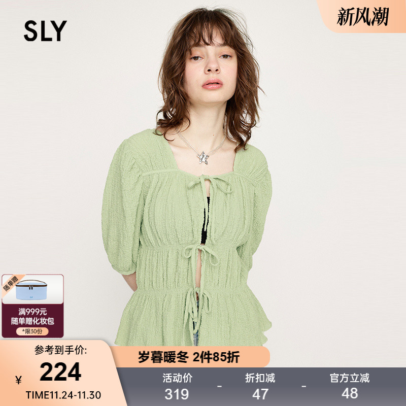 sly日系正反两穿系带泡泡袖衬衫