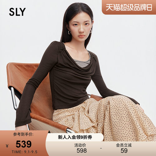 SLY 2026秋季新品纯欲荡领不规则下摆假两件长袖T恤038JAZ80-1005