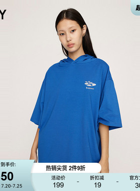 SLY 春季新品休闲风OVERSIZE刺绣连帽短袖T恤女030HAI90-1041