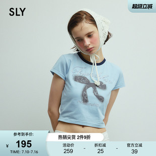 SLY 夏季新品蕾丝蝴蝶结印花短款圆领短袖T恤女030ISZ90-2371
