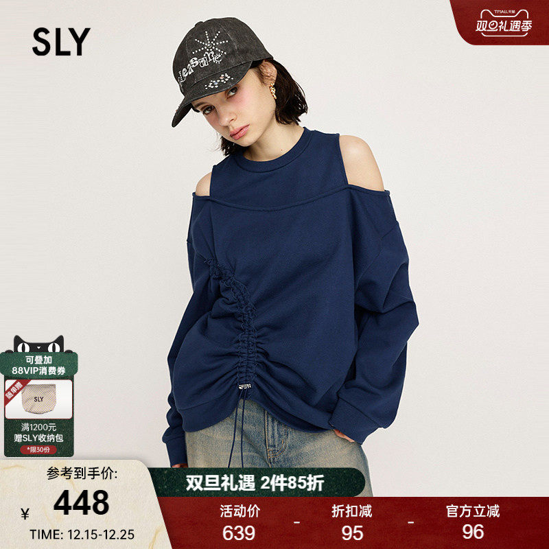 SLY 2025春季新品美式露肩抽绳褶皱长袖宽松卫衣女030ISR80-4731