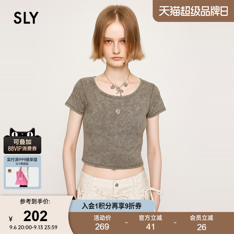 SLY 夏季新品复古金属标小巧短款圆领短袖T恤女030ISR80-3311
