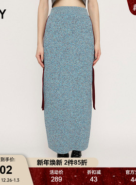 SLY 2024冬季新品高腰侧绑带后开叉直筒针织半身裙030GAZ71-0061