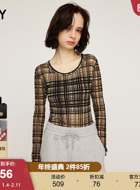 SLY 2025夏季新品复古港风马赛克撞色格纹微透上衣030ISA90-3121