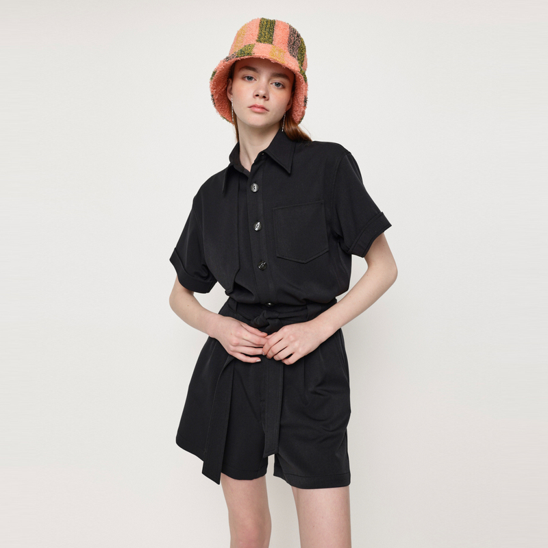 【新品试用】SLY新品日系简约风腰带收腰五分连体裤女