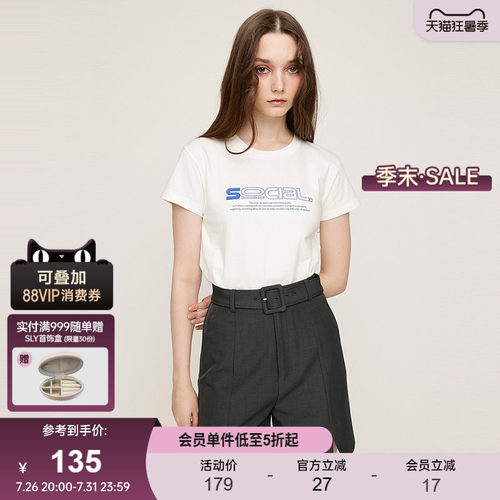 SLY 夏季新品甜酷简约字母印花圆领做旧短袖T恤030ISR90-2061
