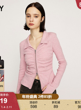 SLY2025秋季新品通勤风双头拉链褶皱修身长袖针织衫030IAR80-2161