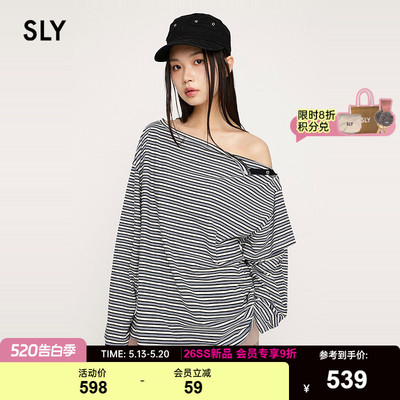SLY 2026夏季新品慵懒风宽松条纹开扣斜肩长袖T恤女030JSY80-2031