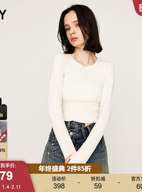 SLY2025秋季新品简约风纯色百搭短款修身长袖针织衫030IAR70-1461
