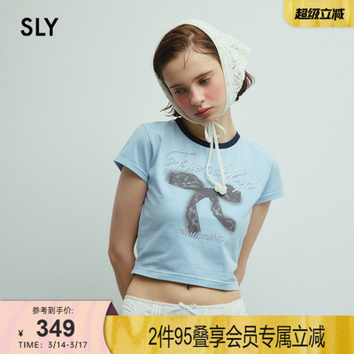 SLY 夏季新品蕾丝蝴蝶结印花短款圆领短袖T恤女030ISZ90-2371
