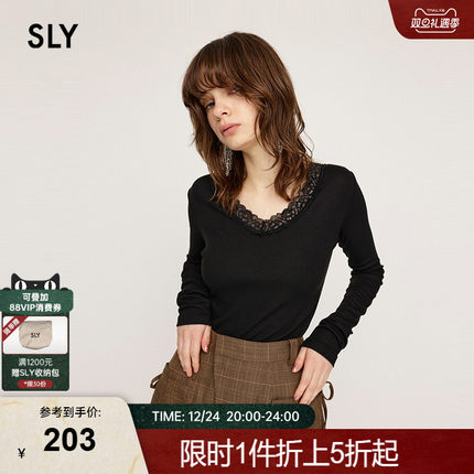 SLY 春季优雅气质V领蕾丝修身针织衫小上衣030HAZ80-5781