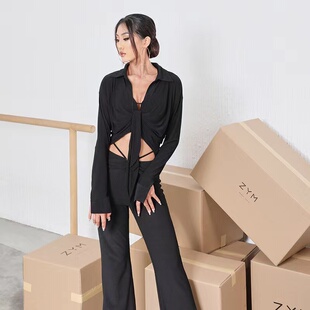 ZYM【绑带衬衣】上衣重工领子袖口设计拉丁舞练功服女春夏2171
