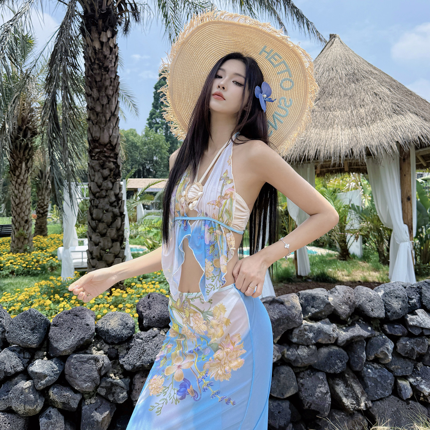 海岛辣妹傣式民族风印花性感分体比基尼网纱半身长裙度假温泉泳衣