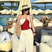 复古单肩赤红色三角连体显瘦遮肉度假风泡温泉泳衣女 法式 新款 泳装