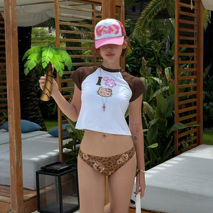 韩国潮牌ins博主黑皮少女Kitty背心豹纹比基尼三件套度假温泉泳衣