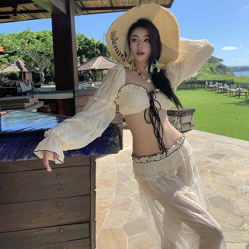 白色纯欲仙女风长袖分体长裙比基尼三件套性感网红度假温泉泳衣女
