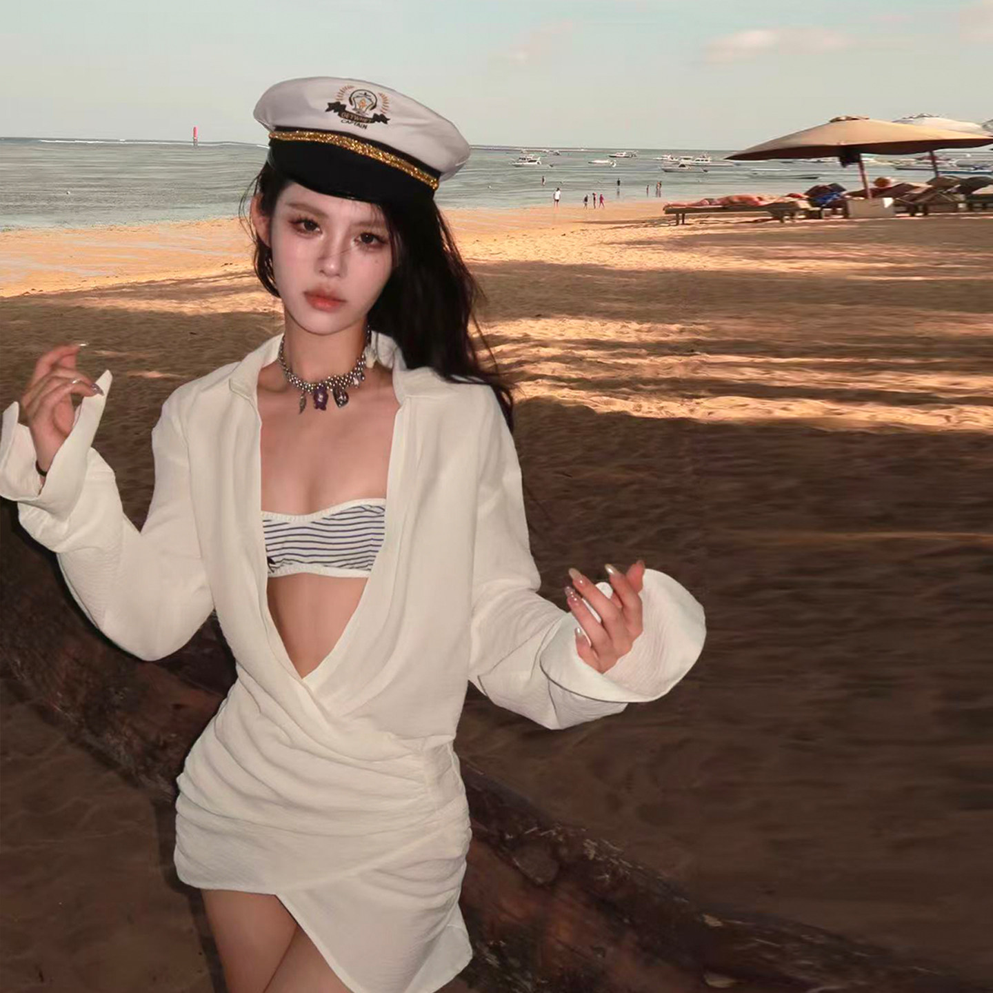 海军风高级感氛围性感分体比基尼三件套长袖罩衫裙度假温泉泳衣女,运动/瑜伽/健身/球迷用品,分体泳衣,淘宝优惠券,粉丝福利购,淘宝优惠卷