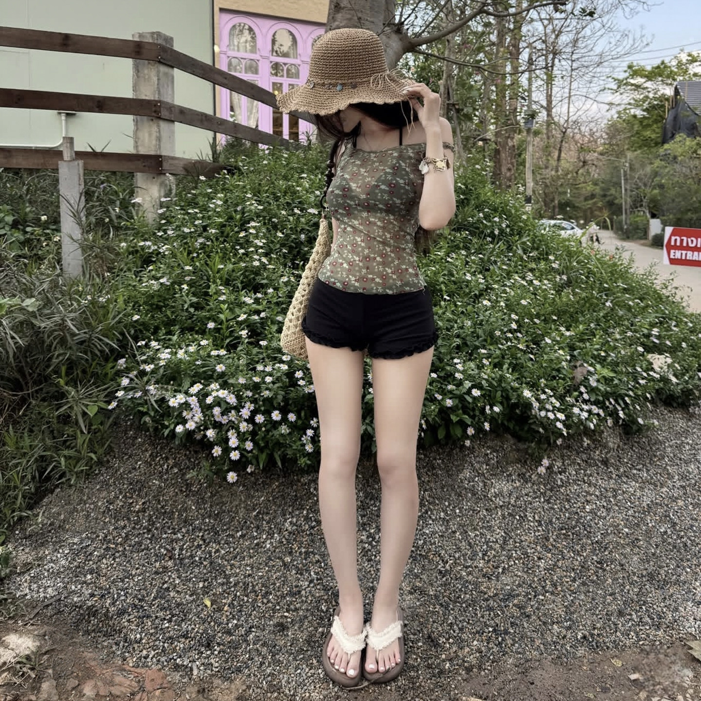 新款纯欲风绿碎花网纱分体比基尼三件套度假风泡温泉性感泳衣女