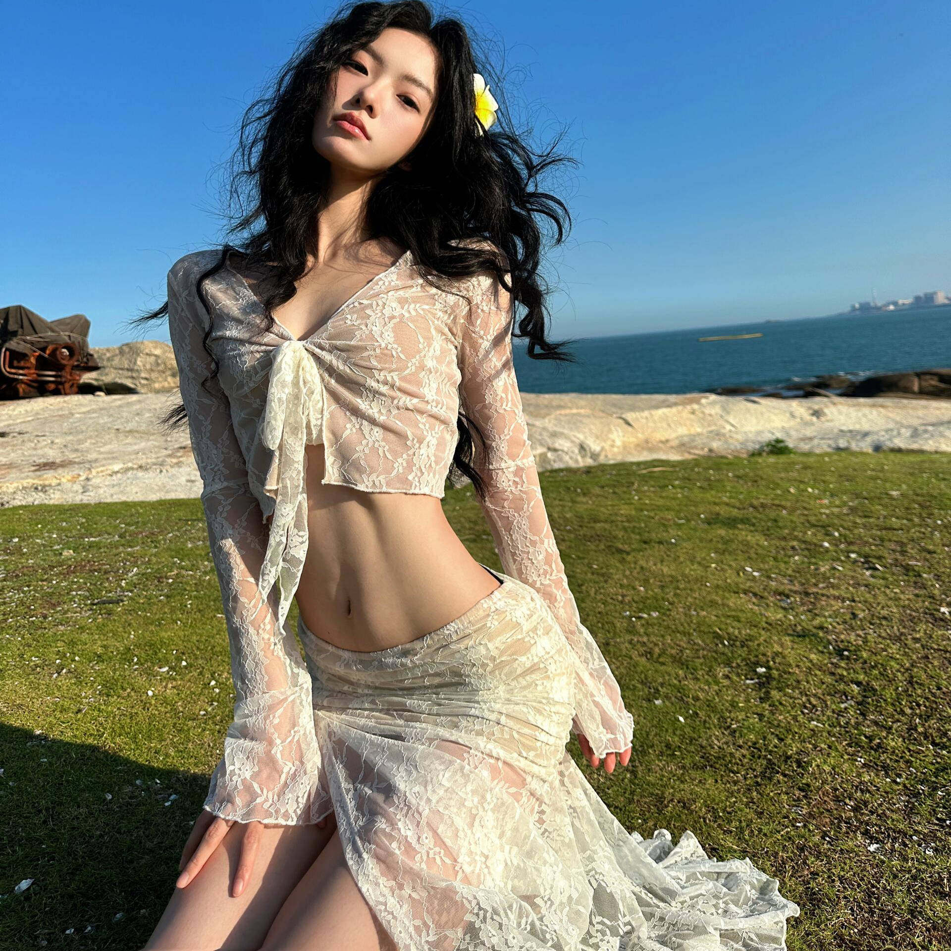 法式蕾丝提花分体长袖开衫半身长裙比基尼四件套度假风温泉泳衣女