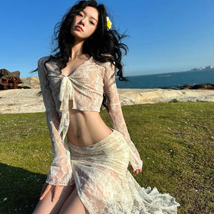 半身长裙比基尼四件套度假风温泉泳衣女 开衫 法式 蕾丝提花分体长袖