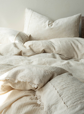 Zijpe~复古四季棉麻床单被套四件套中古风蕾丝花边款床笠式床品