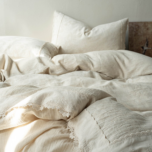 Zijpe~复古四季棉麻床单被套四件套中古风蕾丝花边款床笠式床品