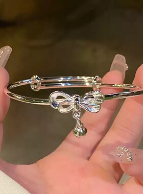 新款银手镯女款蝴蝶结铃铛手镯子高级感手链轻奢小众精致手环饰品