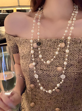 法式多层叠戴山茶花珍珠项链女高级感秋冬长款夸张毛衣链颈链配饰
