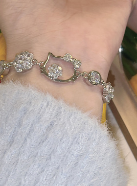 「甜酷猫咪」甜美少女猫头闪钻花朵水钻简约个性可爱手链女