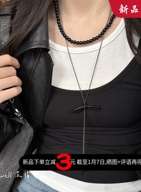 甜酷黑色蝴蝶结串珠锁骨链女款