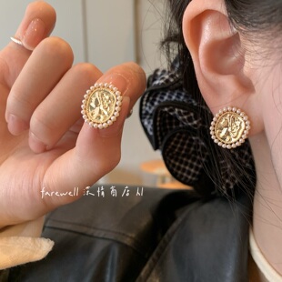 法式复古珍珠耳钉女小众轻奢高级感圆形金色耳环