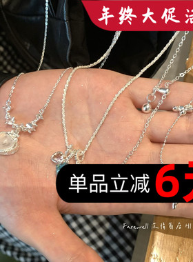 蓝色方糖锆石爱心吊坠项链女银质日常百搭锁骨链简约轻奢甜美颈链