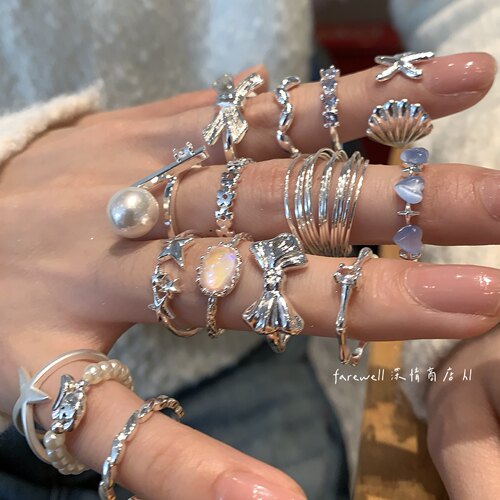 银色海洋风开口可调叠戴女戒