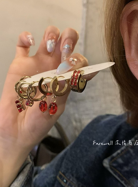 安克拉红钛钢不掉色耳扣红色爱心锆石耳圈时尚耳环满钻高级耳钉