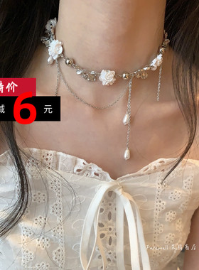 法式白色花朵蝴蝶流苏项链