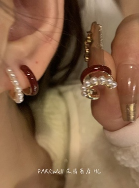 超精致～珍珠耳环2025新款红色耳饰圣诞耳钉轻奢高级感气质耳坠女