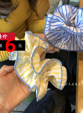 韩系甜美风配饰2025新款黄色条纹大肠发圈双层蓝白日系清新风发绳