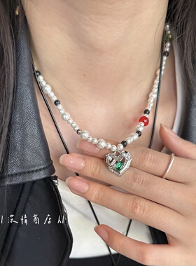 复古甜酷撞色珍珠项链