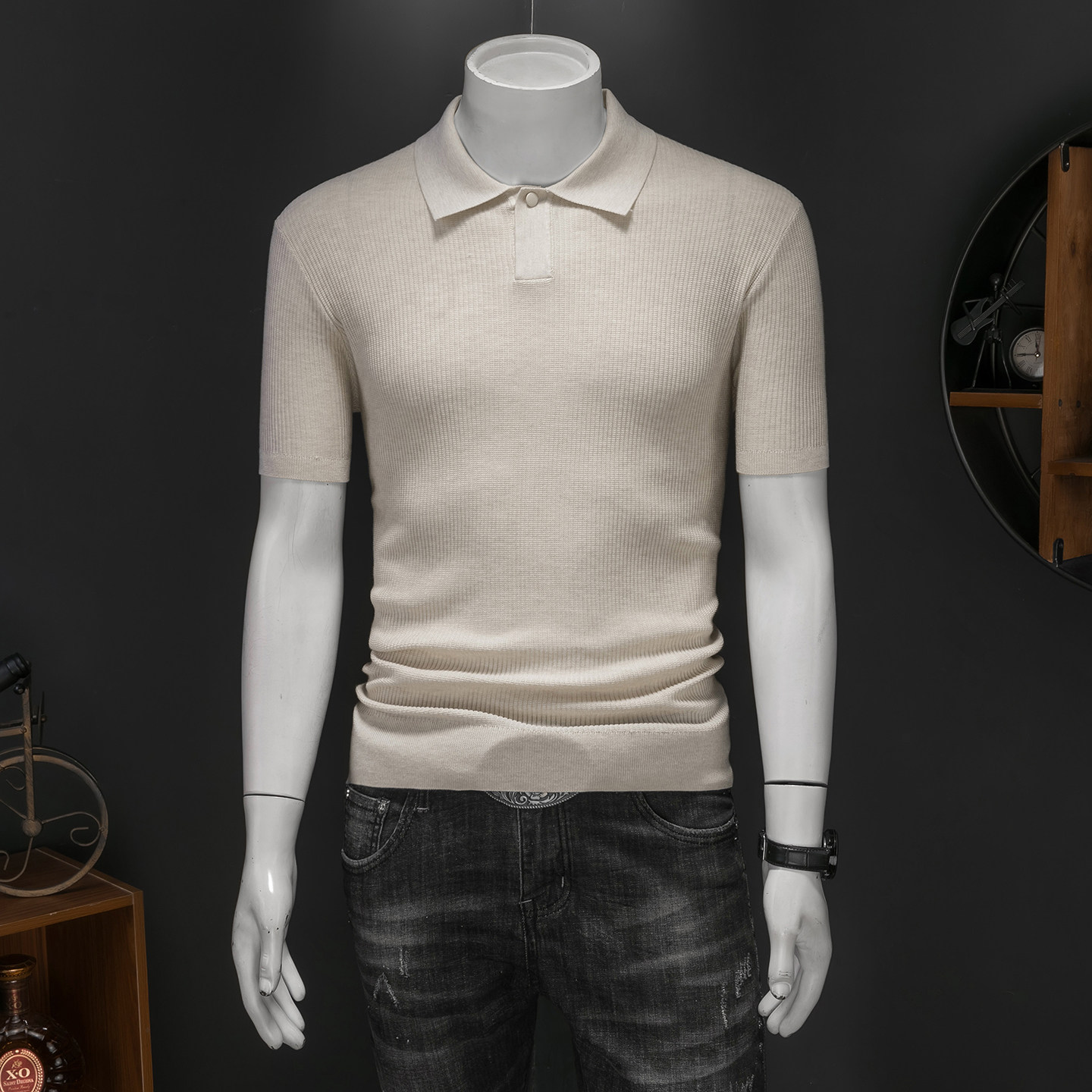 钱塘大厦夏新款薄莱赛尔％毛衣短袖男针织提花26130/p105，男装Polo衫，钱塘7038(原5007）