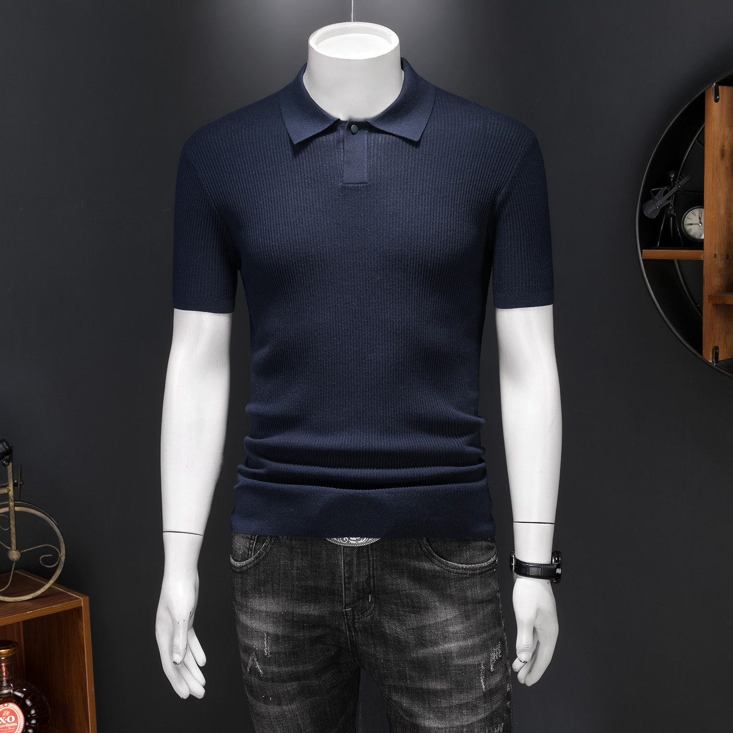 钱塘大厦夏新款薄莱赛尔％毛衣短袖男针织提花26130/p105，男装Polo衫，钱塘7038(原5007）