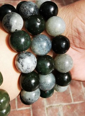 和田玉青花塔青混搭16毫米大珠男款，料子微杂但都是真东西油性好