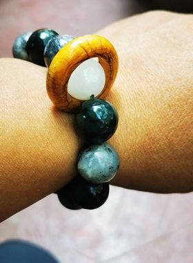 和田玉山料青花青玉白玉16毫米大珠手串带牦牛骨跑环 随机发货