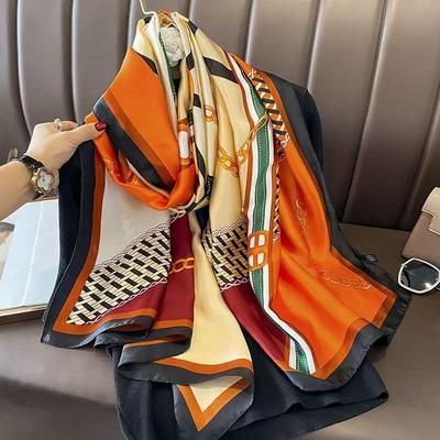 高档时尚网红外搭洋气丝巾女士印花仿真丝缎面围巾防嗮披肩长巾