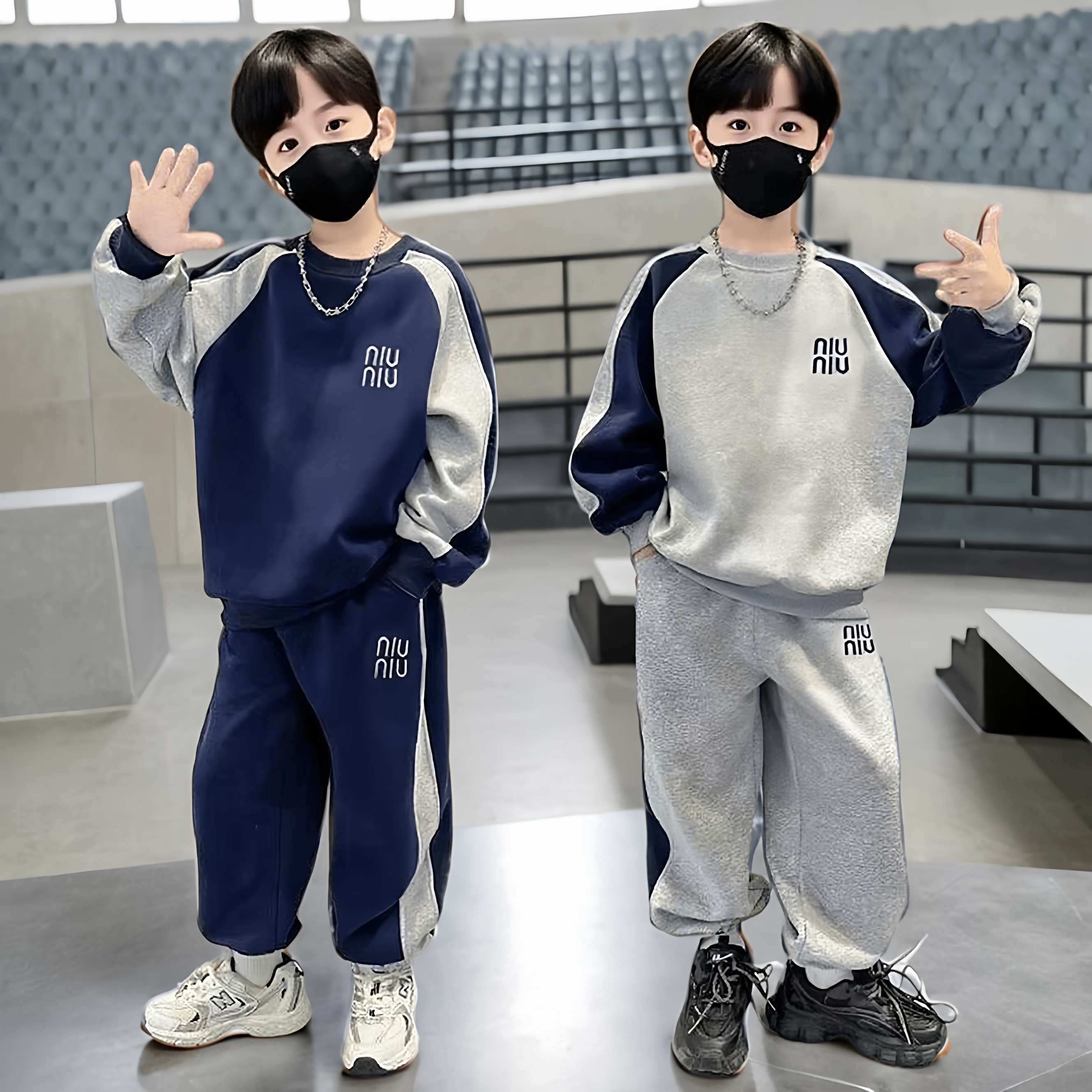 儿童时尚卫衣套装春秋季男童洋气拼袖休闲服中小童韩版运动服长裤