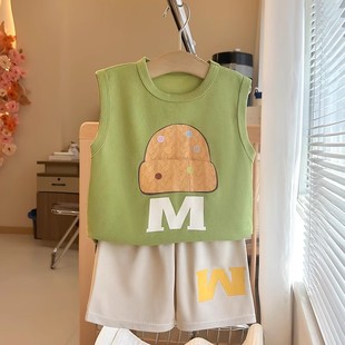 兩件套男孩女童可愛休閑裝 小寶寶背心套裝 兒童夏季 華夫格洋氣短褲