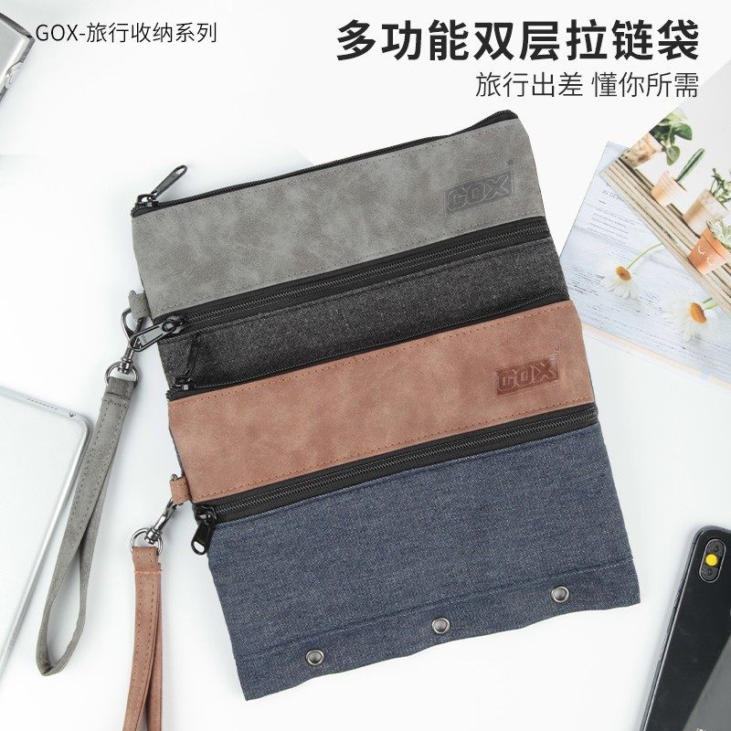 gox手拿包女小包简约男休闲手腕手机手抓包双拉链袋牛仔文件袋子