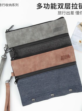 gox手拿包女小包简约男休闲手腕手机手抓包双拉链袋牛仔文件袋子