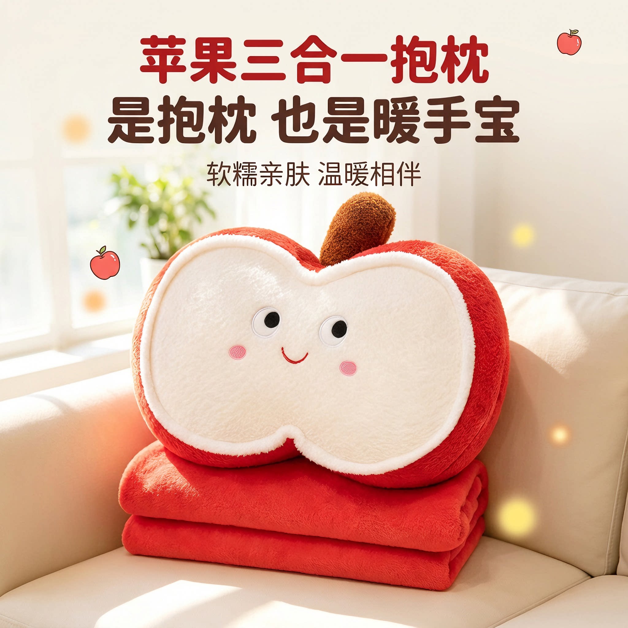 可爱毛绒苹果暖手抱枕毯子三合一办公室午睡车载毛毯靠枕生日礼物
