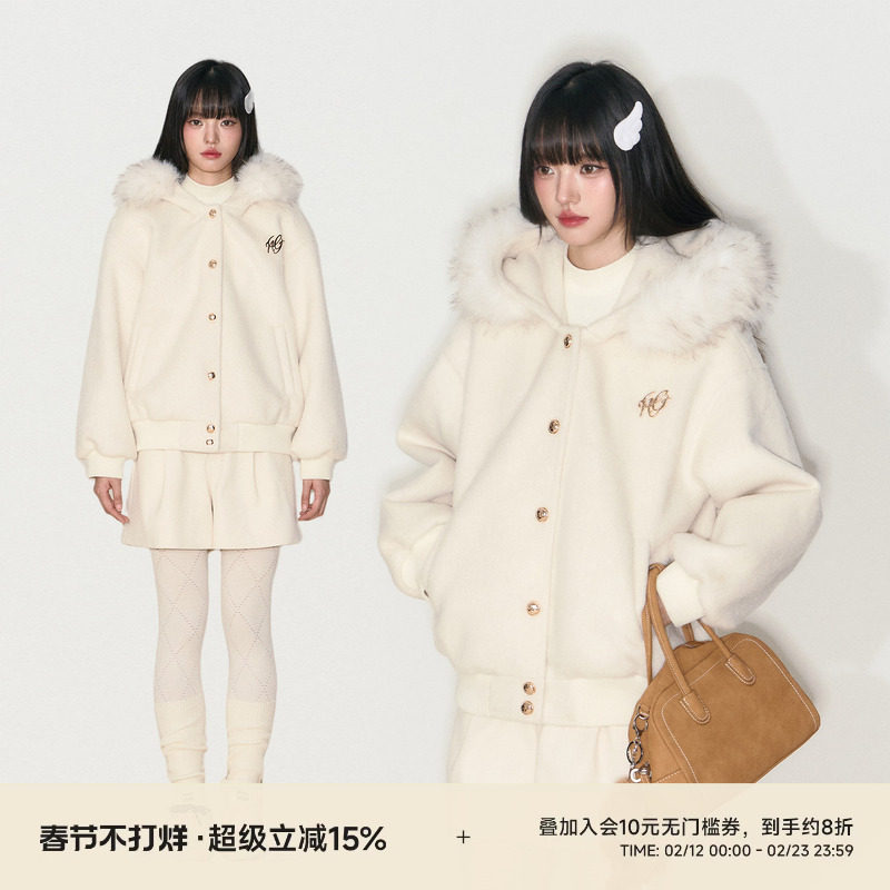 NANGOON 原创设计毛呢连帽冬季羊毛保暖毛领宽松休闲外套