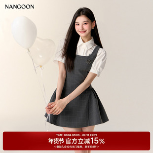 NANGOON 原创设计格雷系灰色格子学院风无袖褶皱蓬蓬连衣短裙